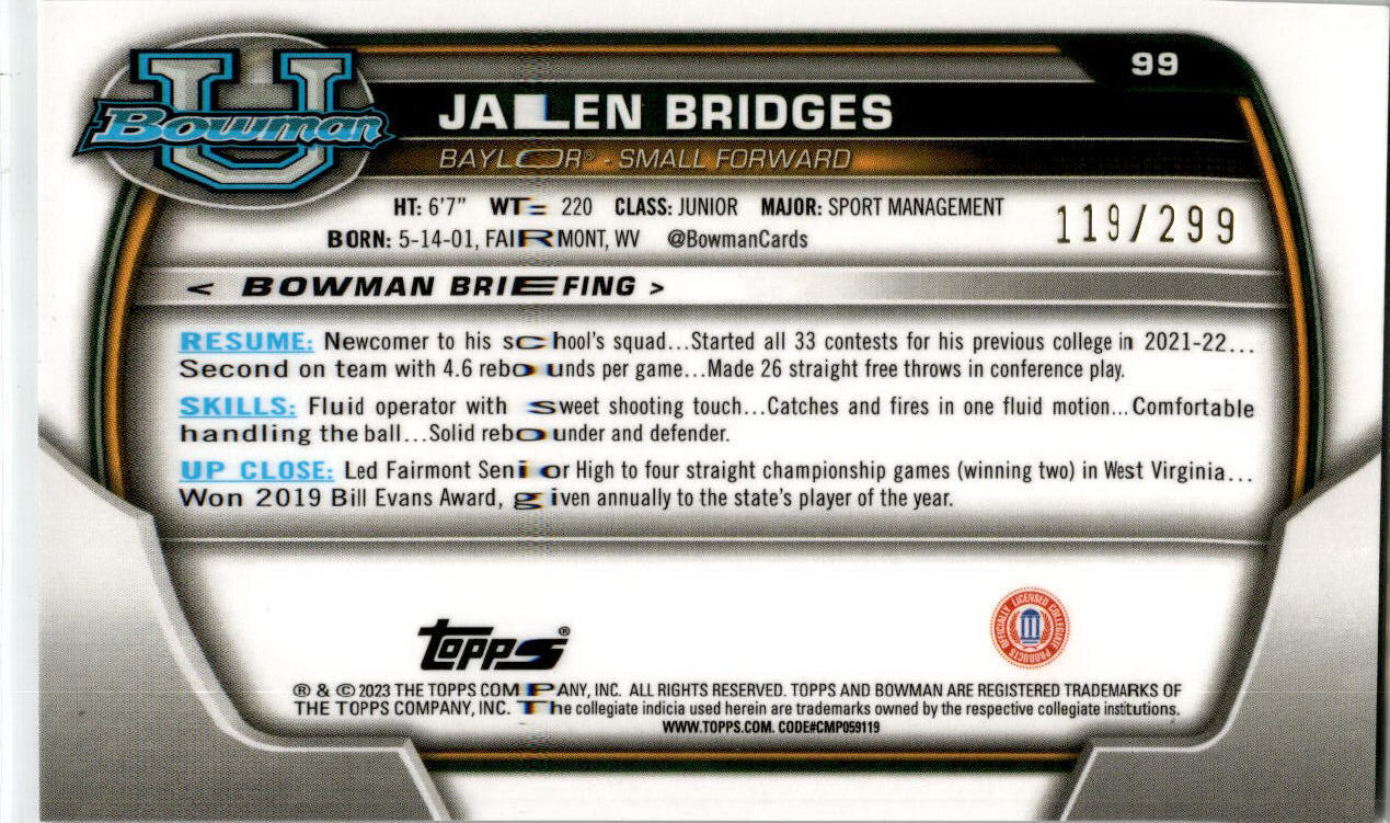 2022-23 Bowman University Chrome Aqua Wave #99 Jalen Bridges #/299 Baylor Bears