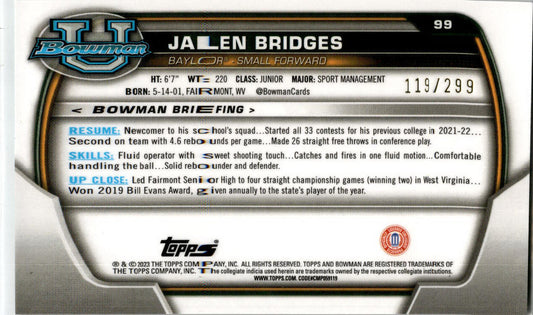 2022-23 Bowman University Chrome Aqua Wave #99 Jalen Bridges #/299 Baylor Bears