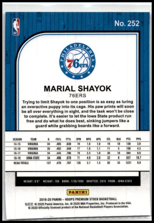 2019-20 Hoops Premium Stock #252 Marial Shayok Rookie Philadelphia 76ers