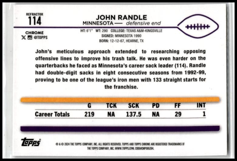 2024 Topps Chrome Refractor #114 John Randle Minnesota Vikings