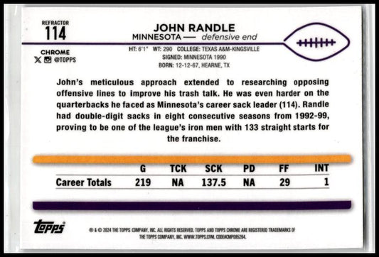 2024 Topps Chrome Refractor #114 John Randle Minnesota Vikings