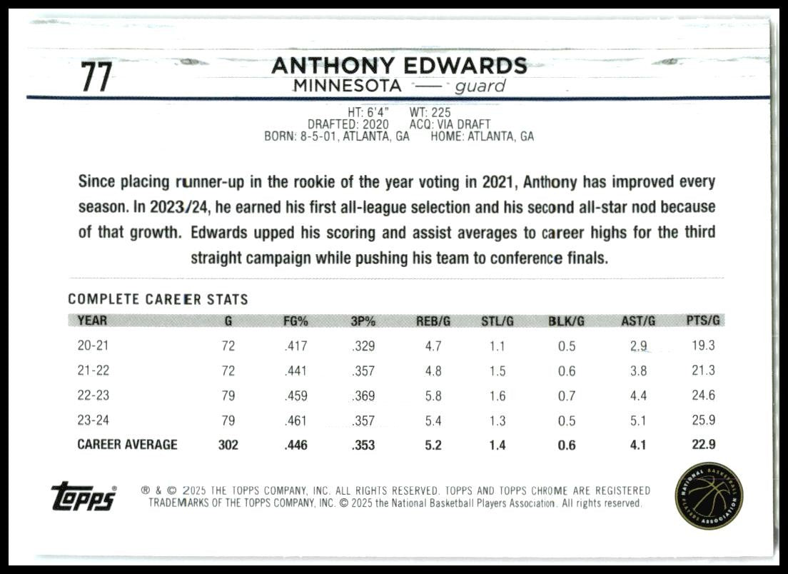 2024-25 Topps Chrome Pink Refractor #77 Anthony Edwards Minnesota Timberwolves