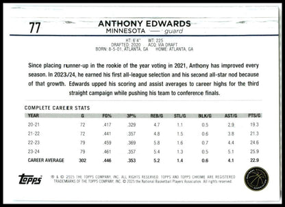2024-25 Topps Chrome Pink Refractor #77 Anthony Edwards Minnesota Timberwolves