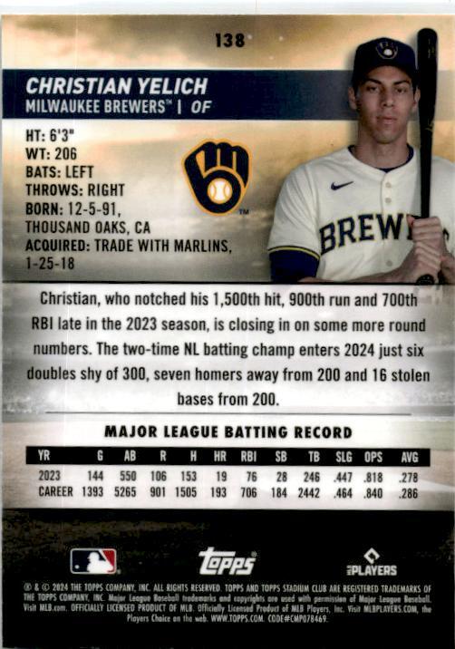 2024 Stadium Club Chrome #138 Christian Yelich Milwaukee Brewers