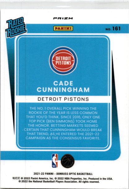 2021 Donruss Optic #161 Cade Cunningham Blue Velocity Prizm Rated Rookie Detroit