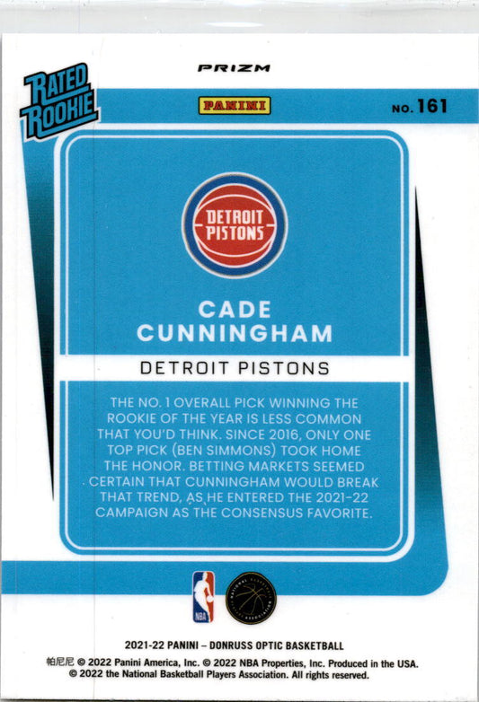 2021 Donruss Optic #161 Cade Cunningham Blue Velocity Prizm Rated Rookie Detroit