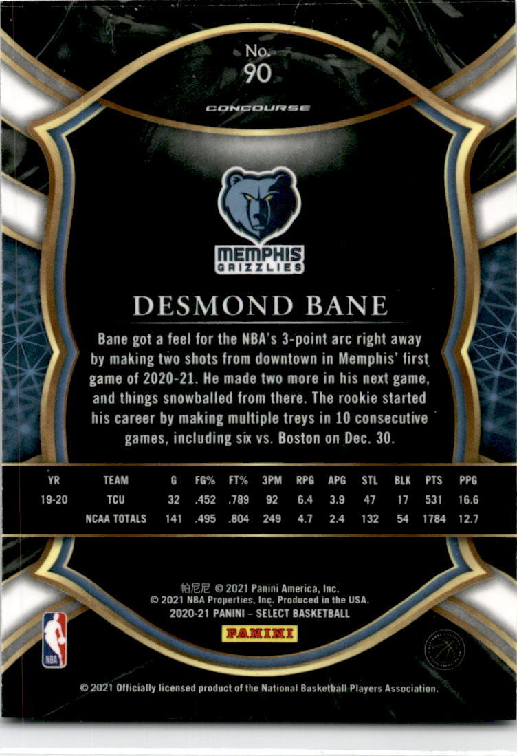2020-21 Panini Select Blue #90 Desmond Bane Memphis Grizzlies