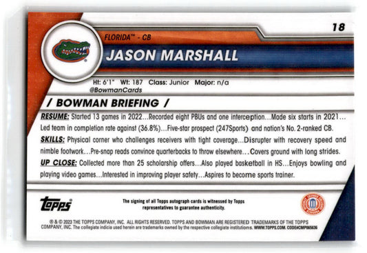 2023 Bowman University Chrome #18 Jason Marshall Auto Florida Gators