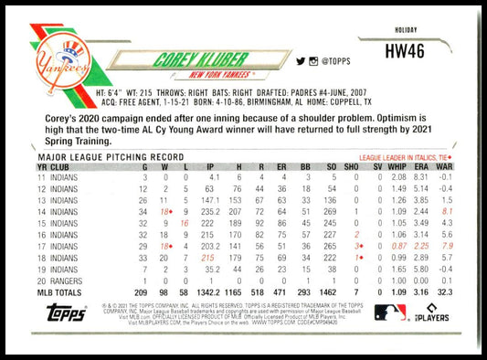 2021 Topps Holiday Metallic Holiday #HW46 Corey Kluber New York Yankees