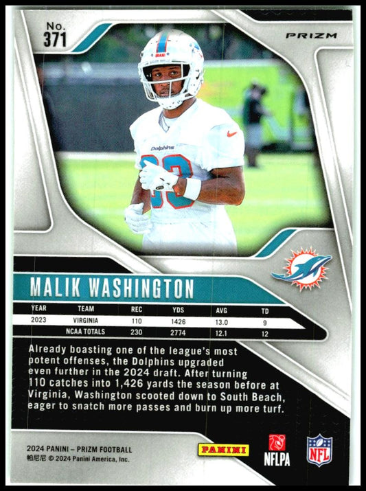 2024 Panini Prizm Neon Green Pulsar #371 Malik Washington Rookie Miami Dolphins