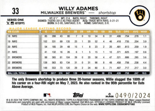 2024 Topps Gold #33 Willy Adames Milwaukee Brewers /2024