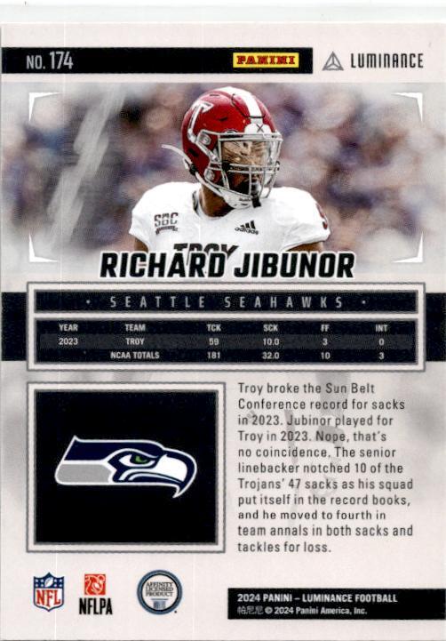 2024 Panini Luminance Purple #174 Richard Jibunor RC #/175 Seattle Seahawks