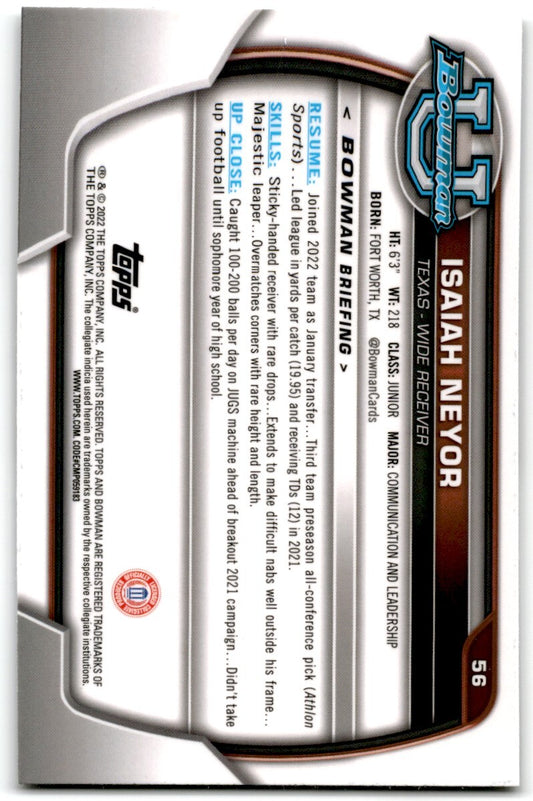 2022 Bowman University Chrome Isaiah Neyor Texas Longhorns #56