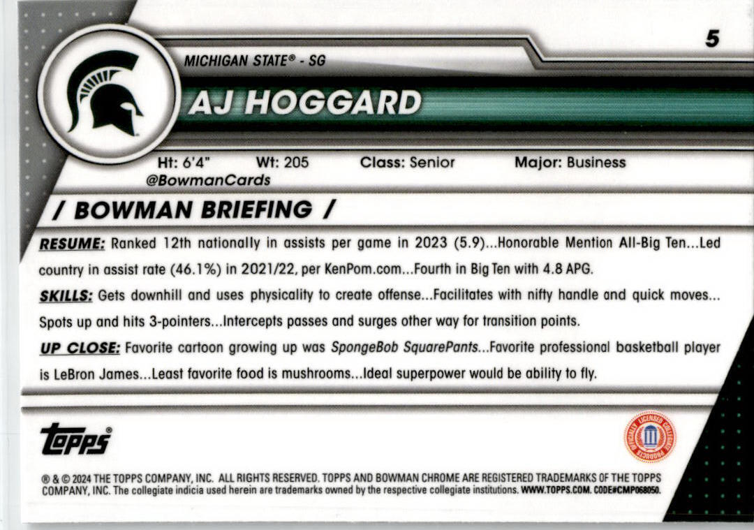 2023-24 Bowman University Chrome #5 AJ Hoggard Michigan State Spartans