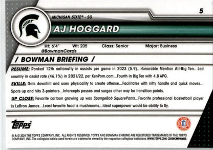 2023-24 Bowman University Chrome #5 AJ Hoggard Michigan State Spartans