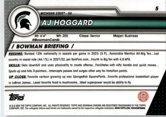2023-24 Bowman University Chrome #5 AJ Hoggard Michigan State Spartans