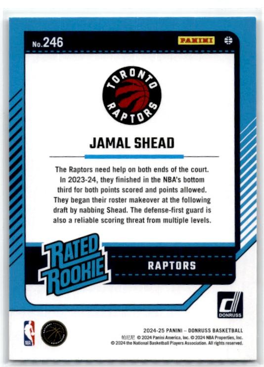 2024-25 Donruss #246 Jamal Shead Rookie Toronto Raptors