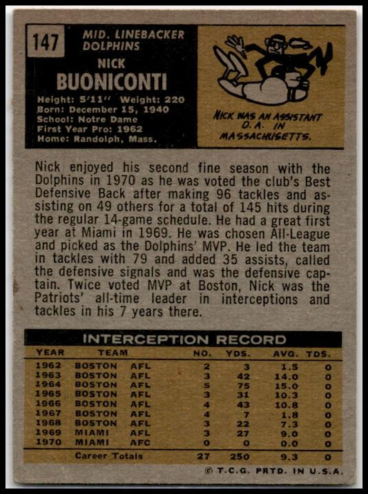 1971 Topps #147 Nick Buoniconti Miami Dolphins