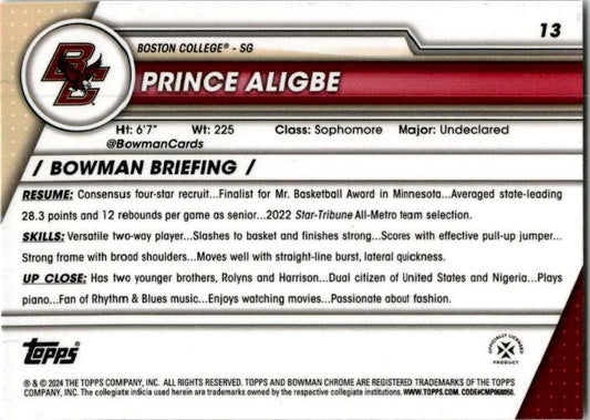 2023-24 Bowman University Chrome #13 Prince Aligbe Boston College Eagles