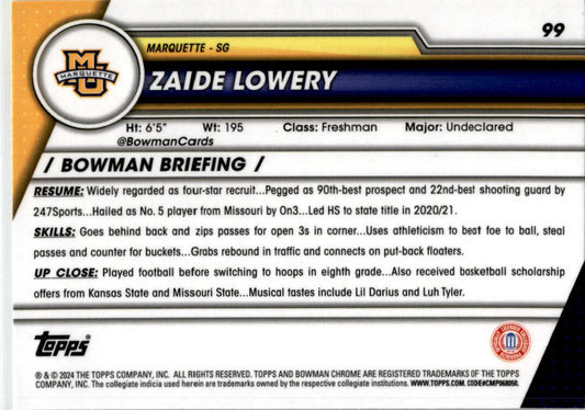 2023-24 Bowman University Chrome #99 Zaide Lowery Marquette Golden Eagles
