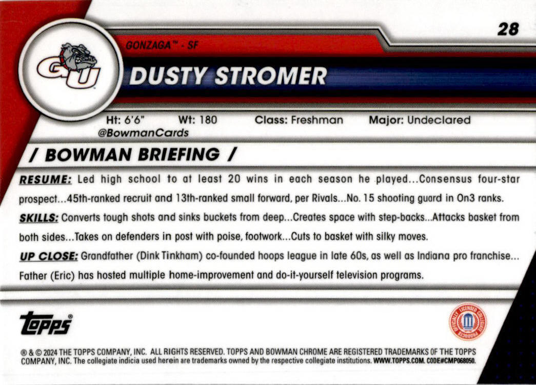 2023-24 Bowman University Chrome #28 Dusty Stromer Gonzaga Bulldogs
