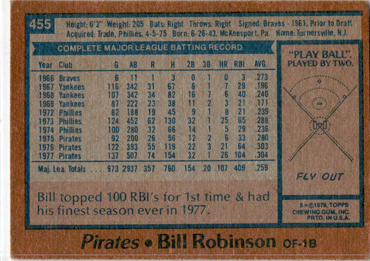 1978 Topps #455 Bill Robinson Pittsburgh Pirates