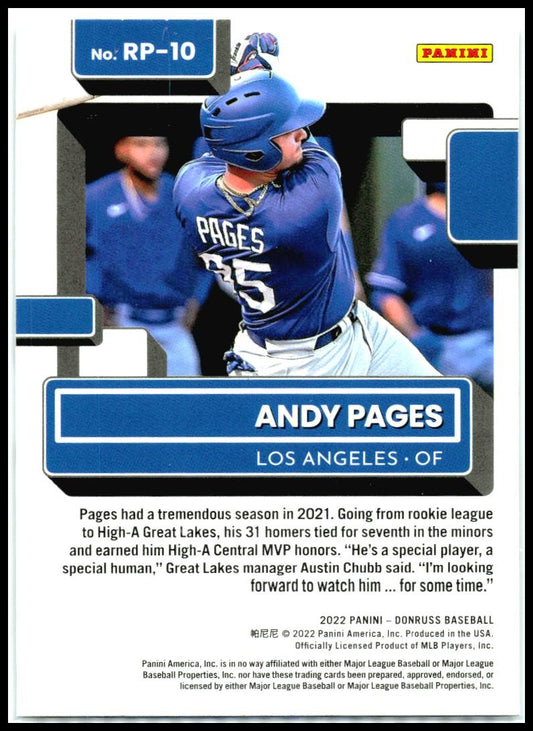 2022 Donruss Rated Prospects Rapture #RP-10 Andy Pages Los Angeles Dodgers