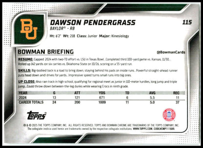 2025 Bowman Chrome University #115 Dawson Pendergrass Baylor Bears