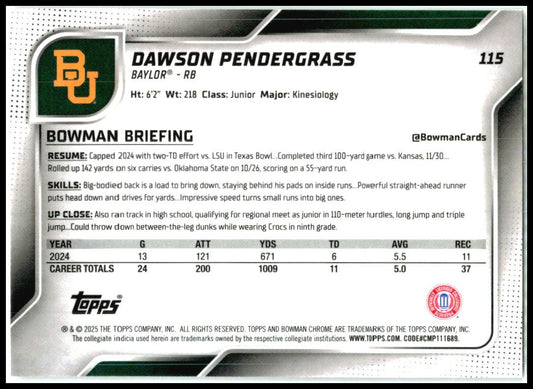 2025 Bowman Chrome University #115 Dawson Pendergrass Baylor Bears