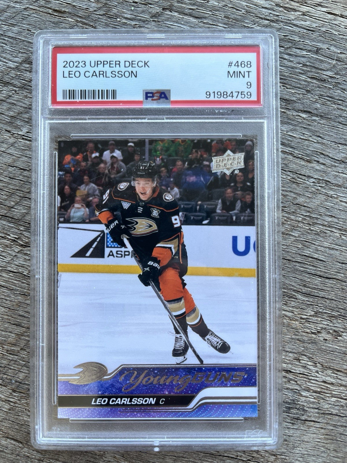 2023-24 Upper Deck #468 Leo Carlsson Young Guns RC - Graded PSA 9 Anaheim Ducks