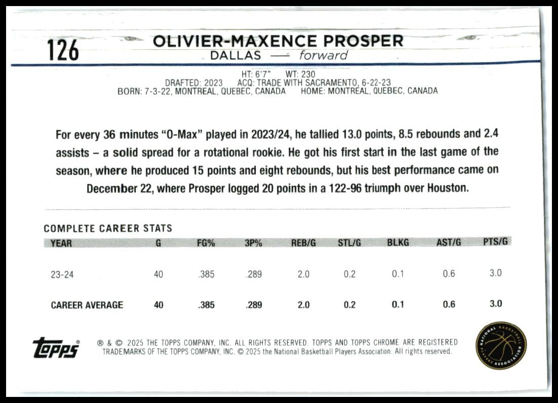 2024-25 Topps Chrome Pink Refractor #126 Olivier-Maxence Prosper Dallas