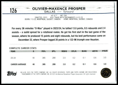 2024-25 Topps Chrome Pink Refractor #126 Olivier-Maxence Prosper Dallas