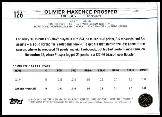2024-25 Topps Chrome Pink Refractor #126 Olivier-Maxence Prosper Dallas