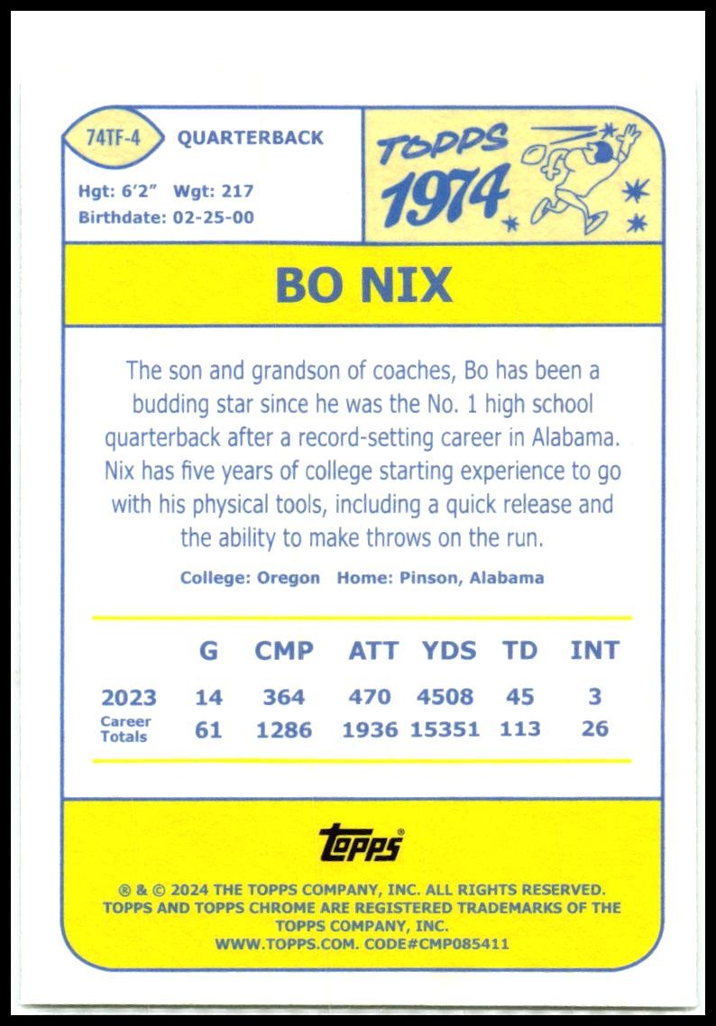 2024 Topps Chrome 1974 Topps Football #74TF-4 Bo Nix Denver Broncos