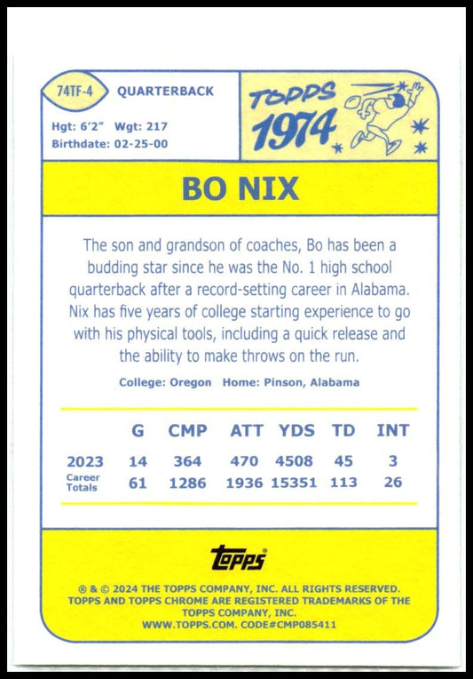 2024 Topps Chrome 1974 Topps Football #74TF-4 Bo Nix Denver Broncos