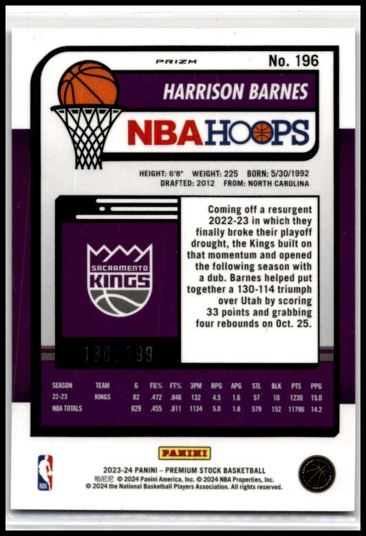 2023-24 Panini Premium Stock Orange Prizm #196 Harrison Barnes Kings
