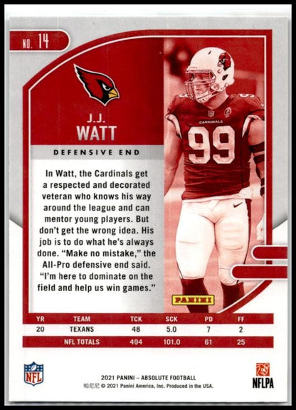 2021 Panini Absolute Green #14 J.J. Watt Arizona Cardinals