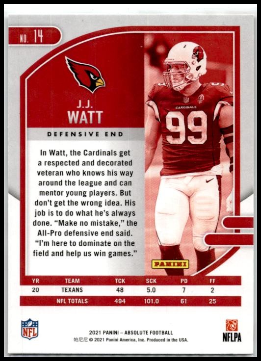 2021 Panini Absolute Green #14 J.J. Watt Arizona Cardinals