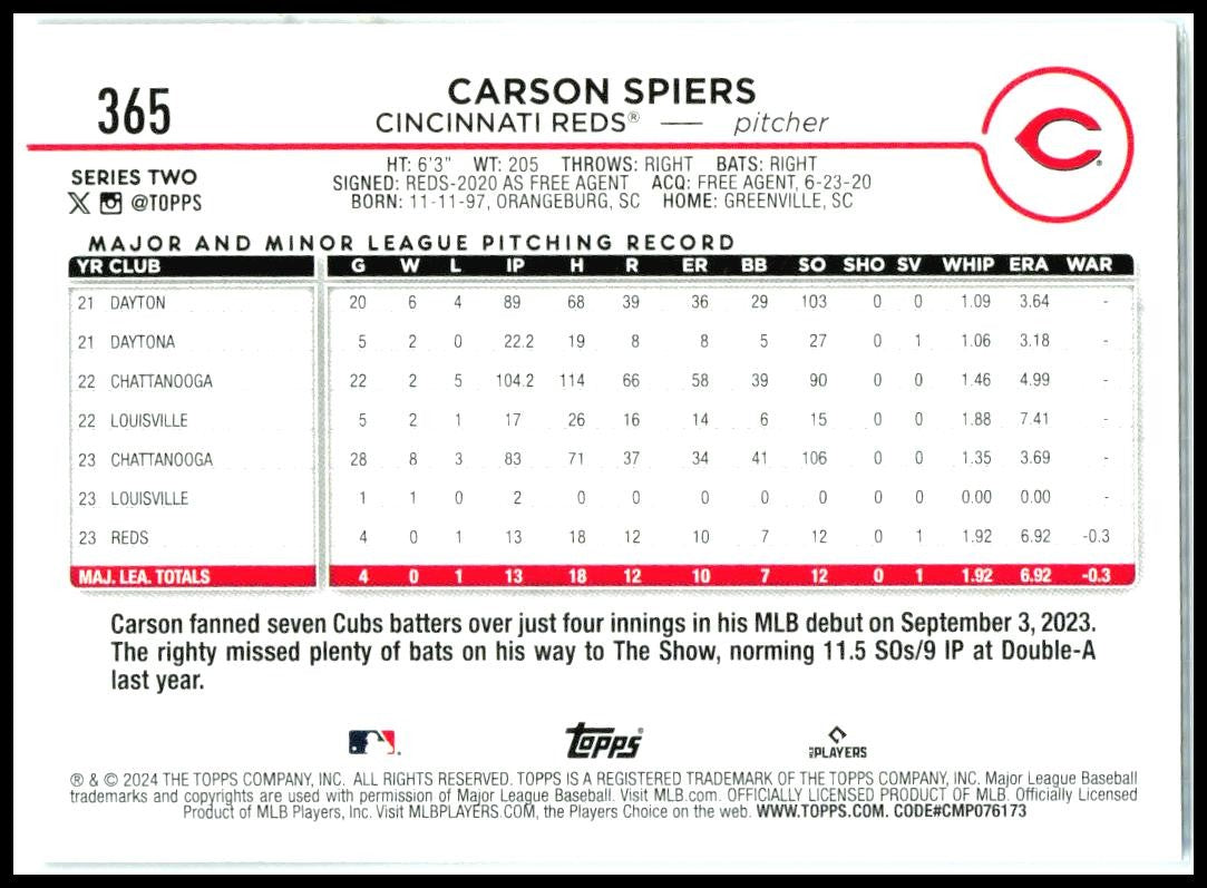 2024 Topps #365 Carson Spiers Rookie Cincinnati Reds