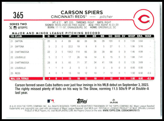 2024 Topps #365 Carson Spiers Rookie Cincinnati Reds