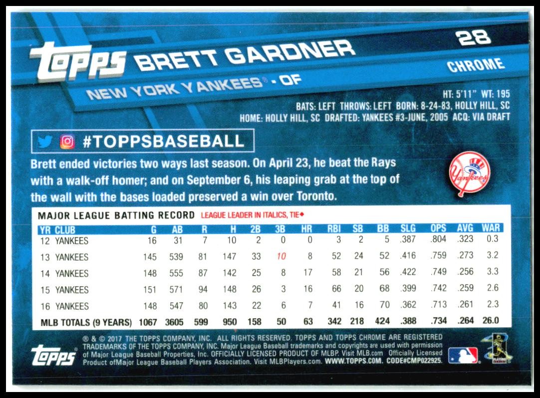 2017 Topps Chrome #28 Brett Gardner New York Yankees
