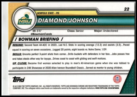 2023-24 Bowman University Chrome #22 Diamond Johnson Norfolk State Spartans