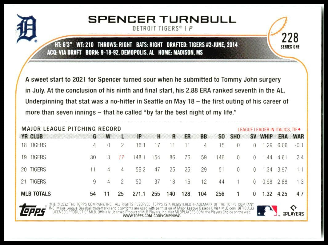 2022 Topps Royal Blue #228 Spencer Turnbull Detroit Tigers
