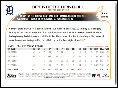2022 Topps Royal Blue #228 Spencer Turnbull Detroit Tigers