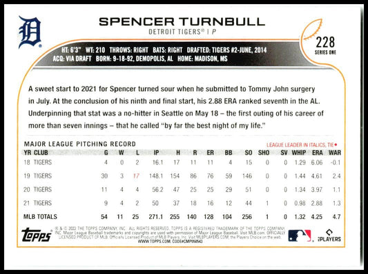 2022 Topps Royal Blue #228 Spencer Turnbull Detroit Tigers