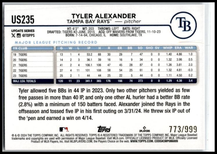 2024 Topps Update Blue Holofoil #US235 Tyler Alexander #/999 Tampa Bay Rays