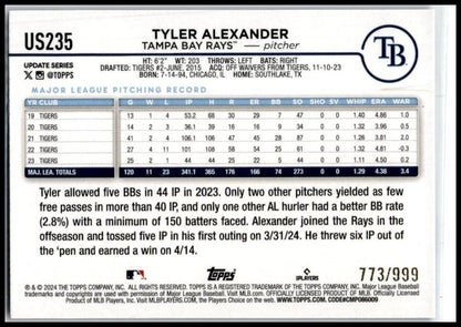 2024 Topps Update Blue Holofoil #US235 Tyler Alexander #/999 Tampa Bay Rays