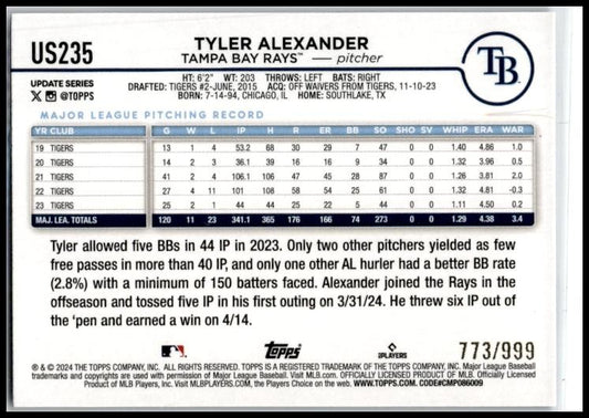 2024 Topps Update Blue Holofoil #US235 Tyler Alexander #/999 Tampa Bay Rays