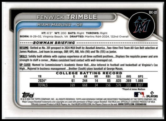 2024 Bowman Draft Chrome #BDC-121 Fenwick Trimble Miami Marlins