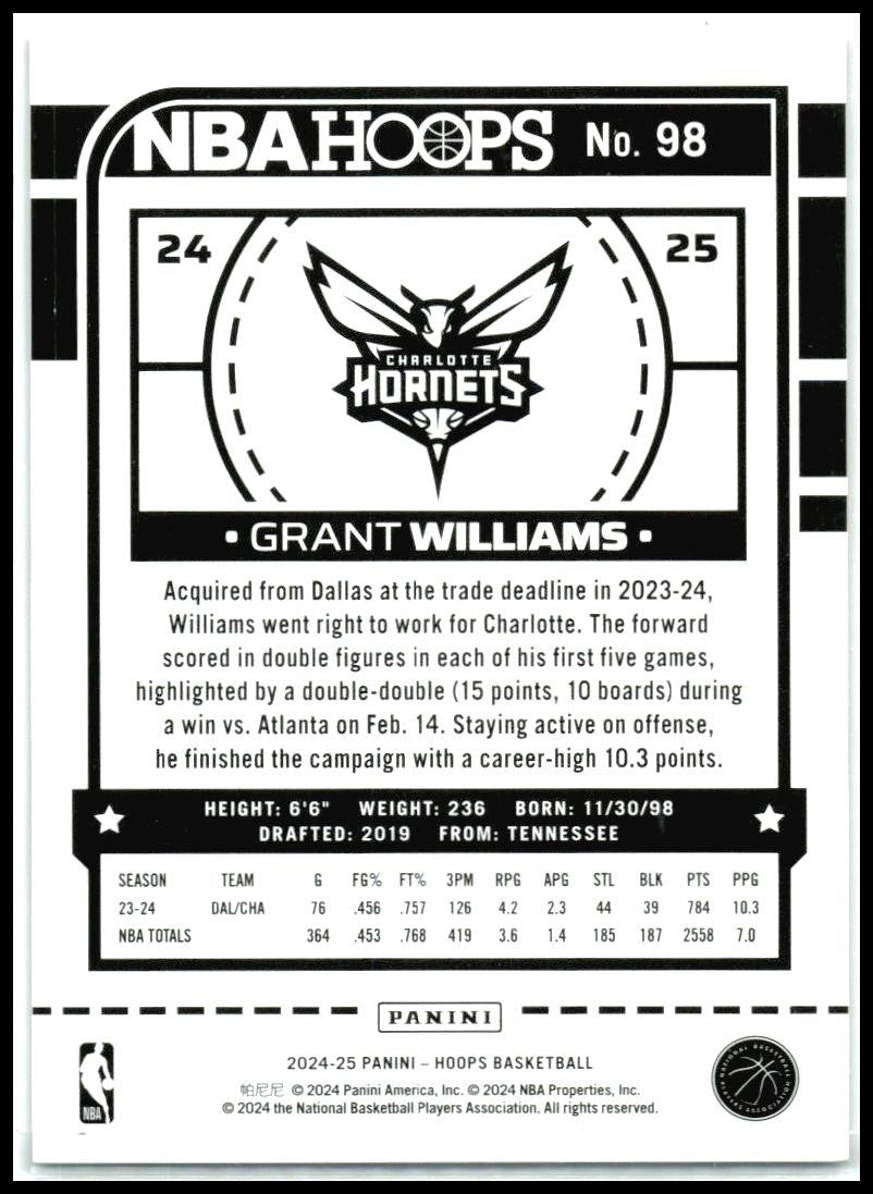 2024-25 Hoops Red Scope #98 Grant Williams #/49 Charlotte Hornets